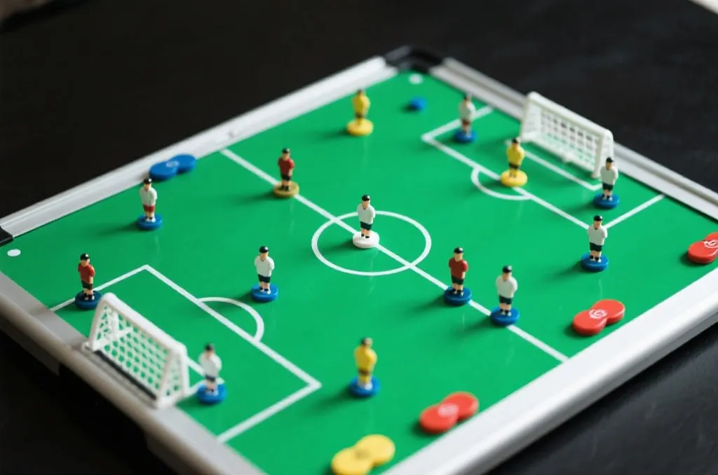 A professional soccer tactical board with magnetic player markers showing a defensive formation, high angle, clean editorial style